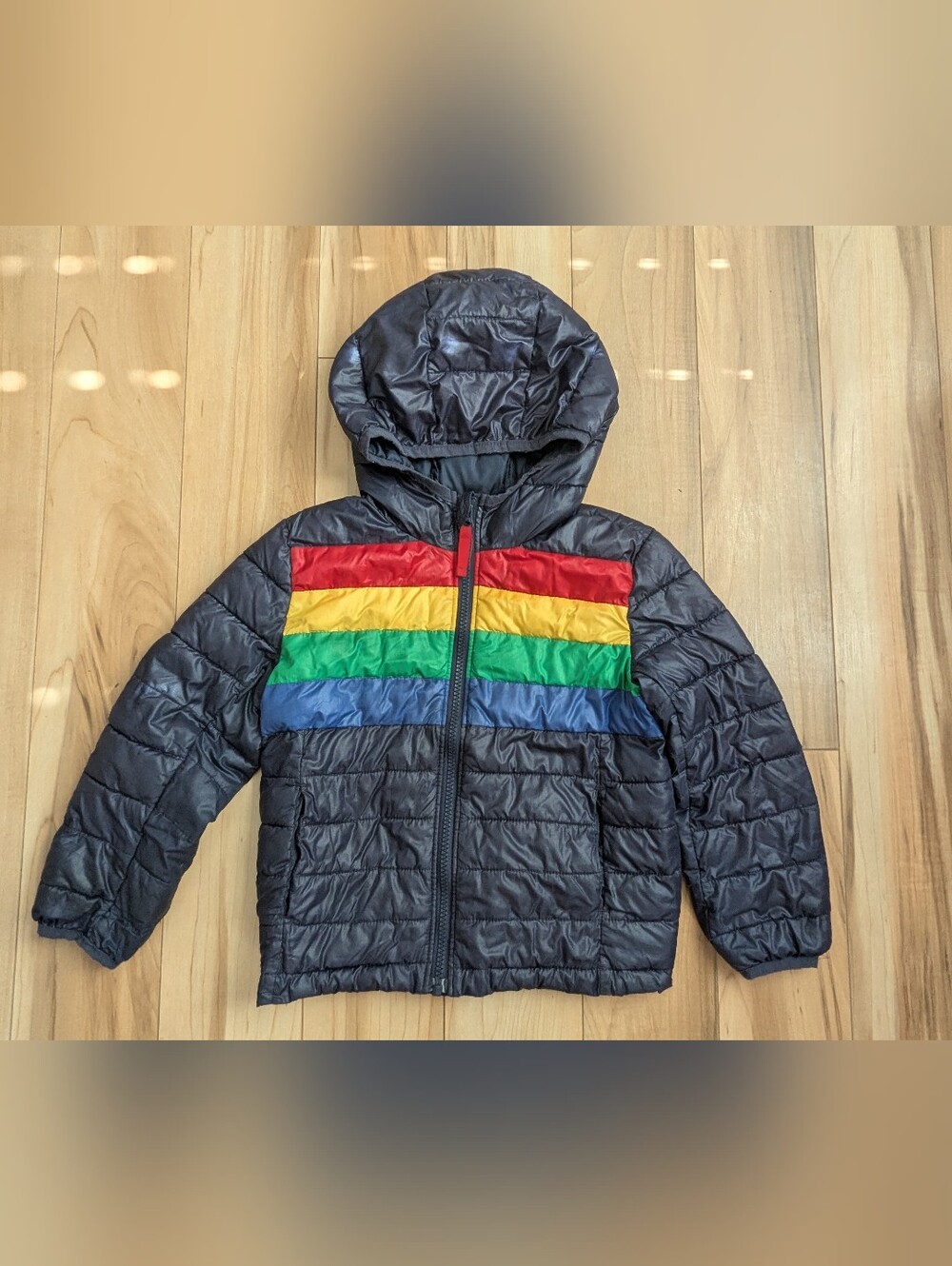 Primary Kids Puffer Jacket - Navy with Rainbow Stripes Size 4-5